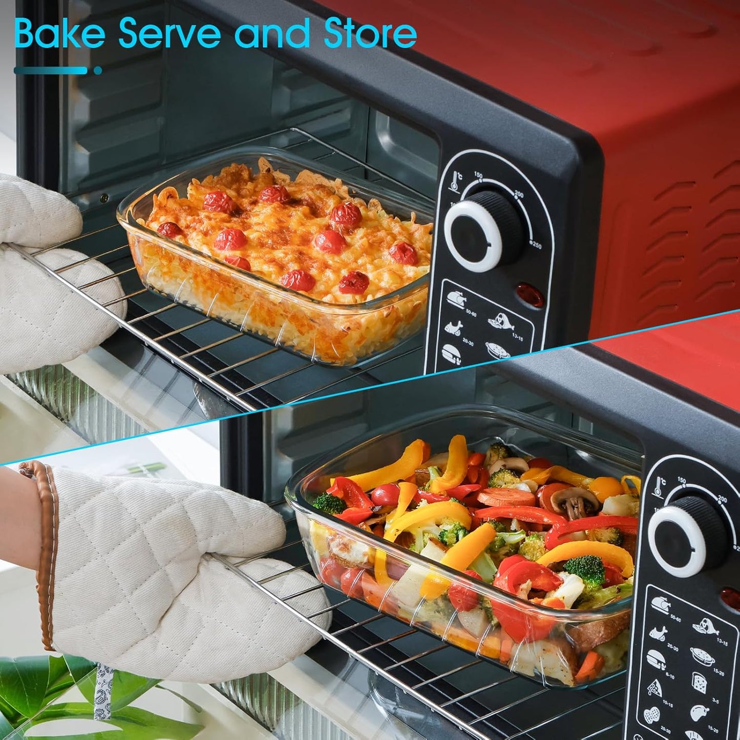 NUTRIUPS 2-Piece 9x11 & 9x6 Rectangular Glass Baking Dish with Lid Set, Deep Baking Pan, Oven Dishwasher and Microwave Safe (Tempered Glass, 1.3 QT, 3.2 QT)