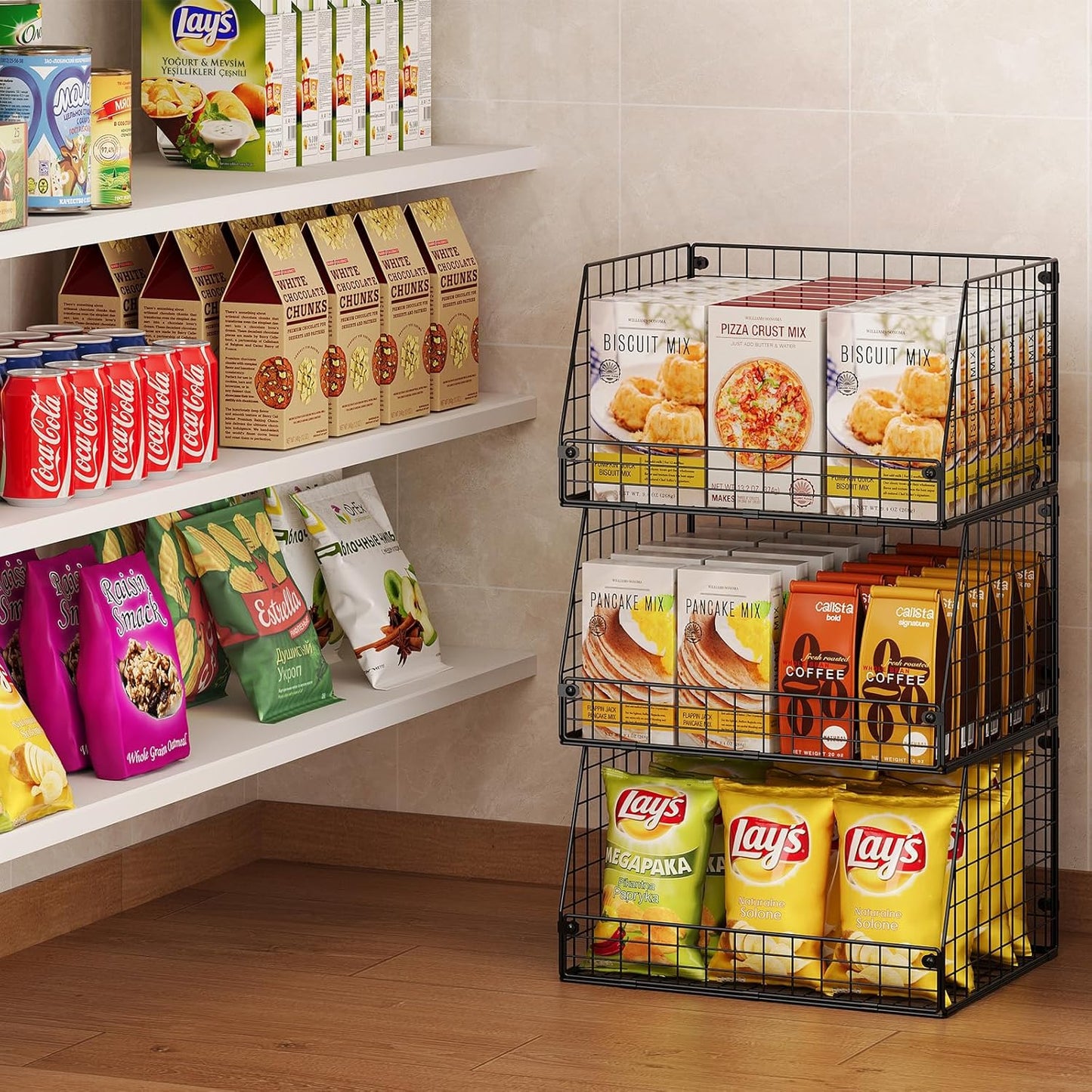 3 Pack XXL Stackable Wire Baskets, Large Storage Bins for Onion, Potato, Vegetable, Fruit, Snack, Pantry Baskets for Kitchen Cabinet Countertop, Pantry Organizers and Storage Solutions