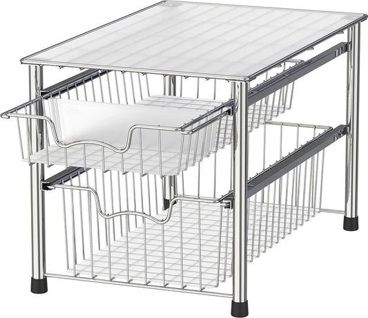 Simple Houseware Stackable 2 Tier Sliding Basket Organizer Drawer, Chrome