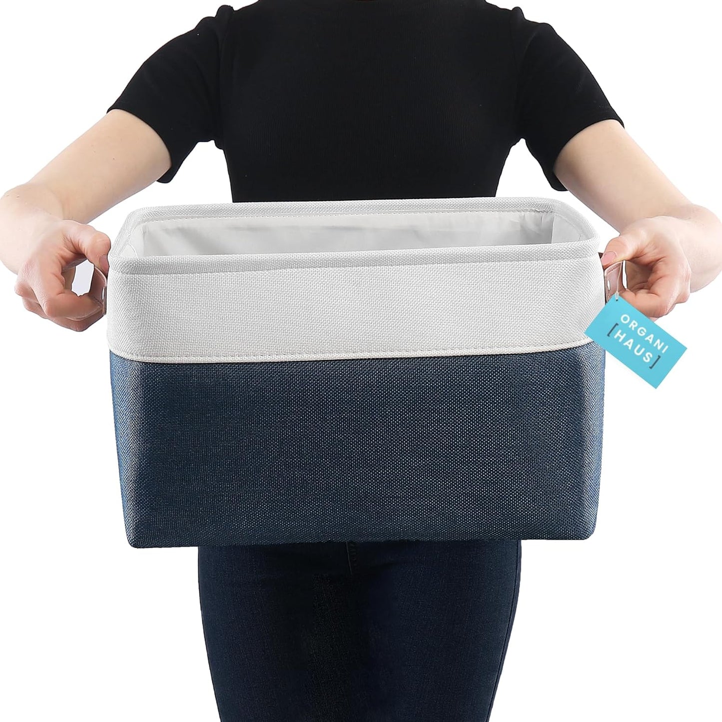 OrganiHaus Large Fabric Storage Baskets for Shelves 3 Pack, 15x11in Closet Storage Bins for Shelves, Cloth Baskets for Organizing, Linen Closet Organizers, Fabric Basket - Navy Blue/White