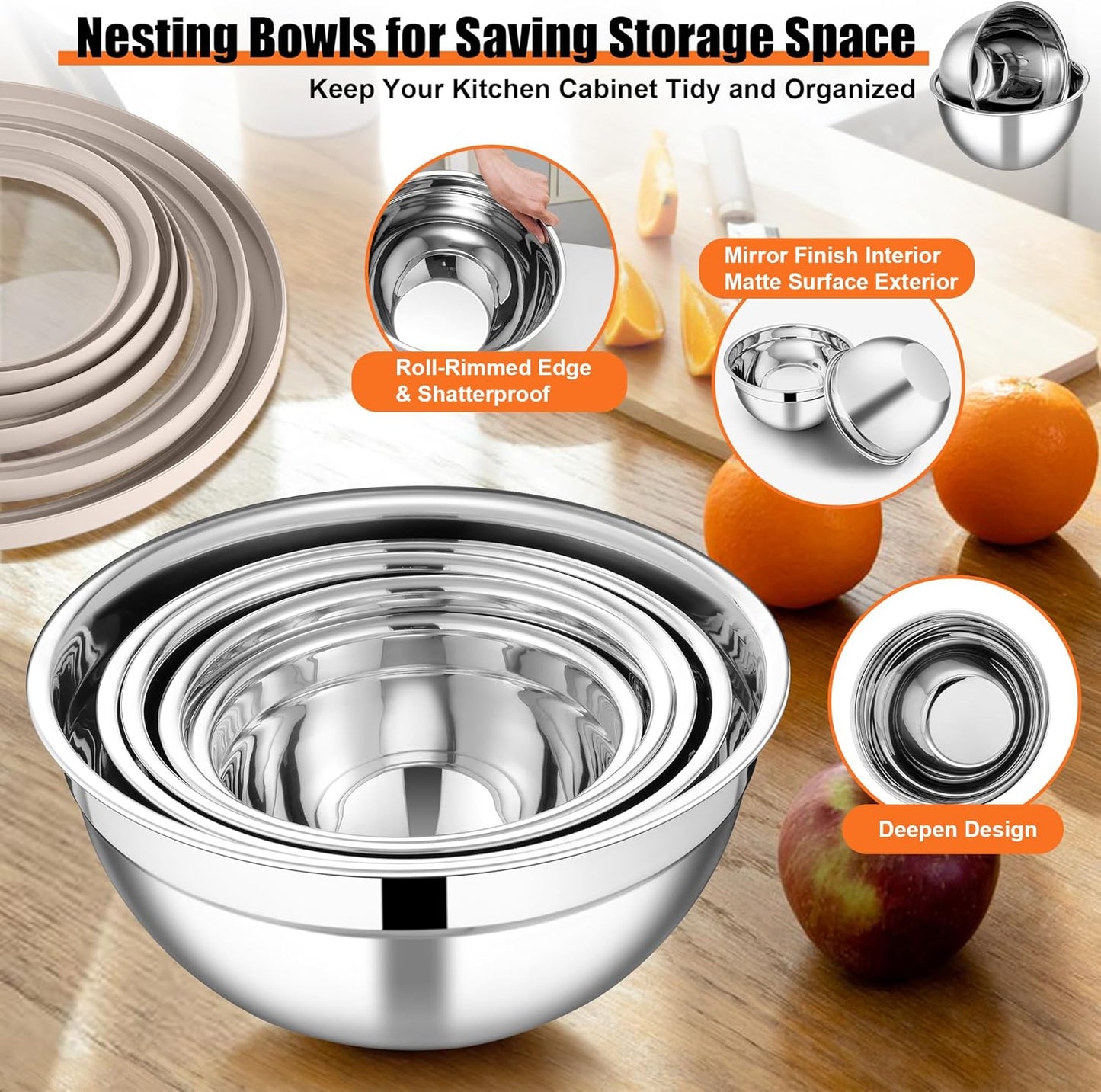 E-far Mixing Bowls Set of 5, Stainless Steel Salad Mixing Bowl with Transparent Lid, Metal Nesting Bowl Attach with 3 Graters for Kitchen Prepping/Serving/Baking/Storage, 4.6/2.6/1.5/1/0.7 QT - Khaki