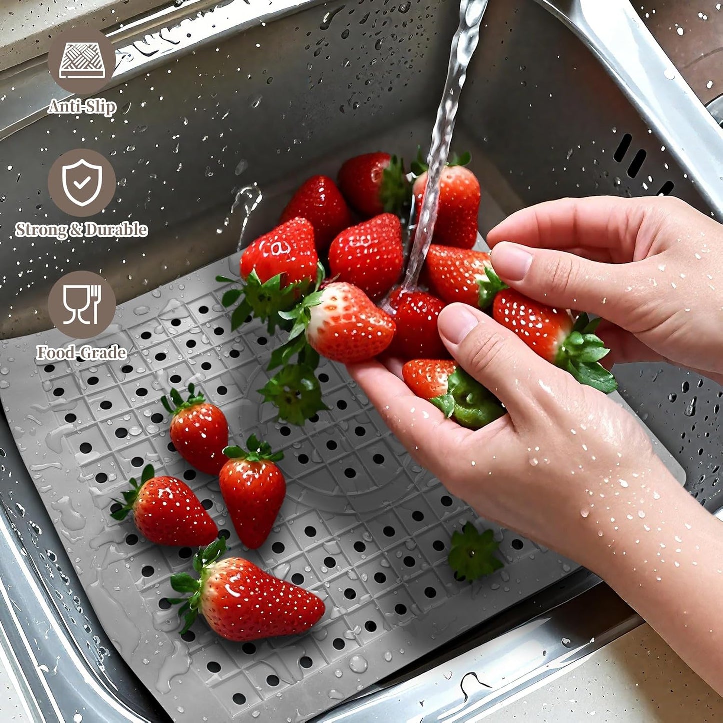 WILLKOMMEN Kitchen Sink Mat, 12" x 10" Rectangular Sink Protector Pad, Fast-Draining Grid Design Liner, Dish Drying Mat 2 Pack Grey