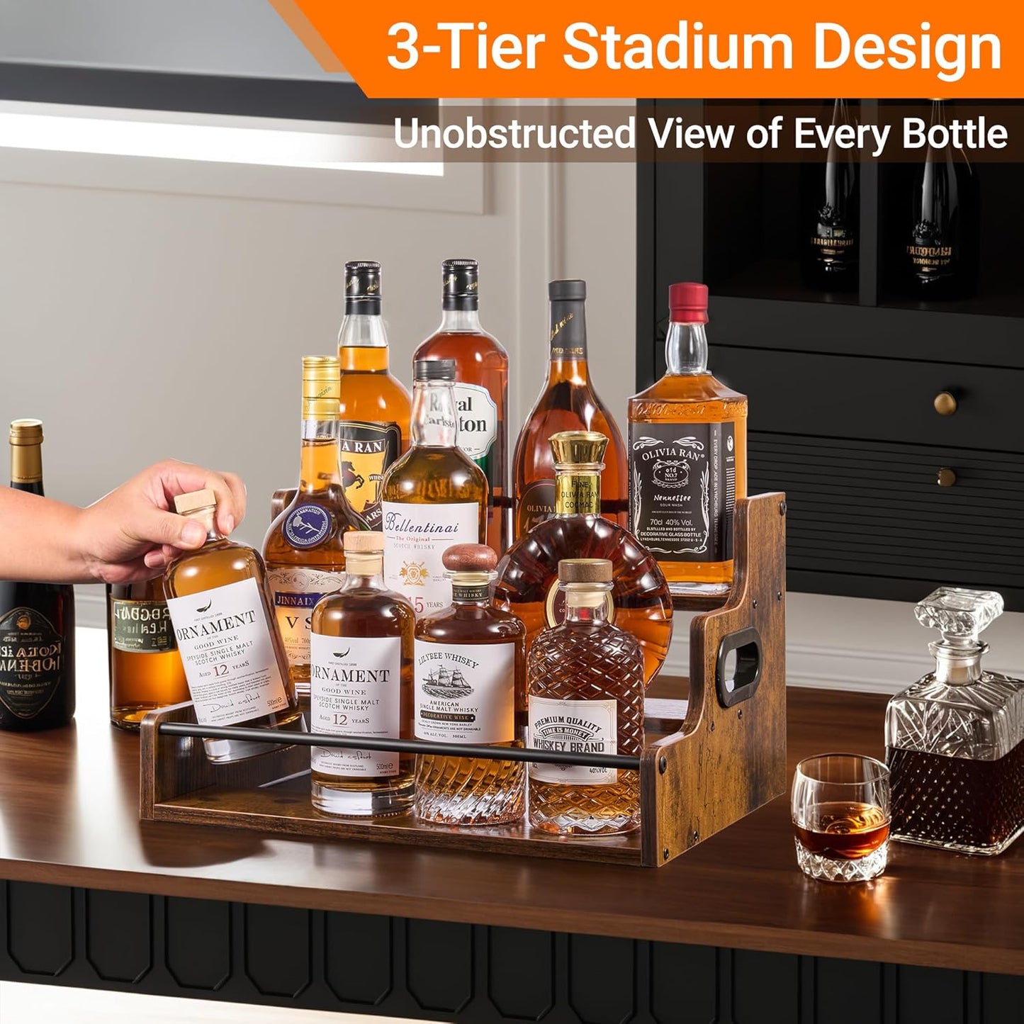 3-Tier Liquor Bottle Display Shelf - Holds up to 12 Bottles, Rustic Wood Bar Shelves for The Home Bar, Countertop Whiskey and Bourbon Organizer with Anti-Slip Pads