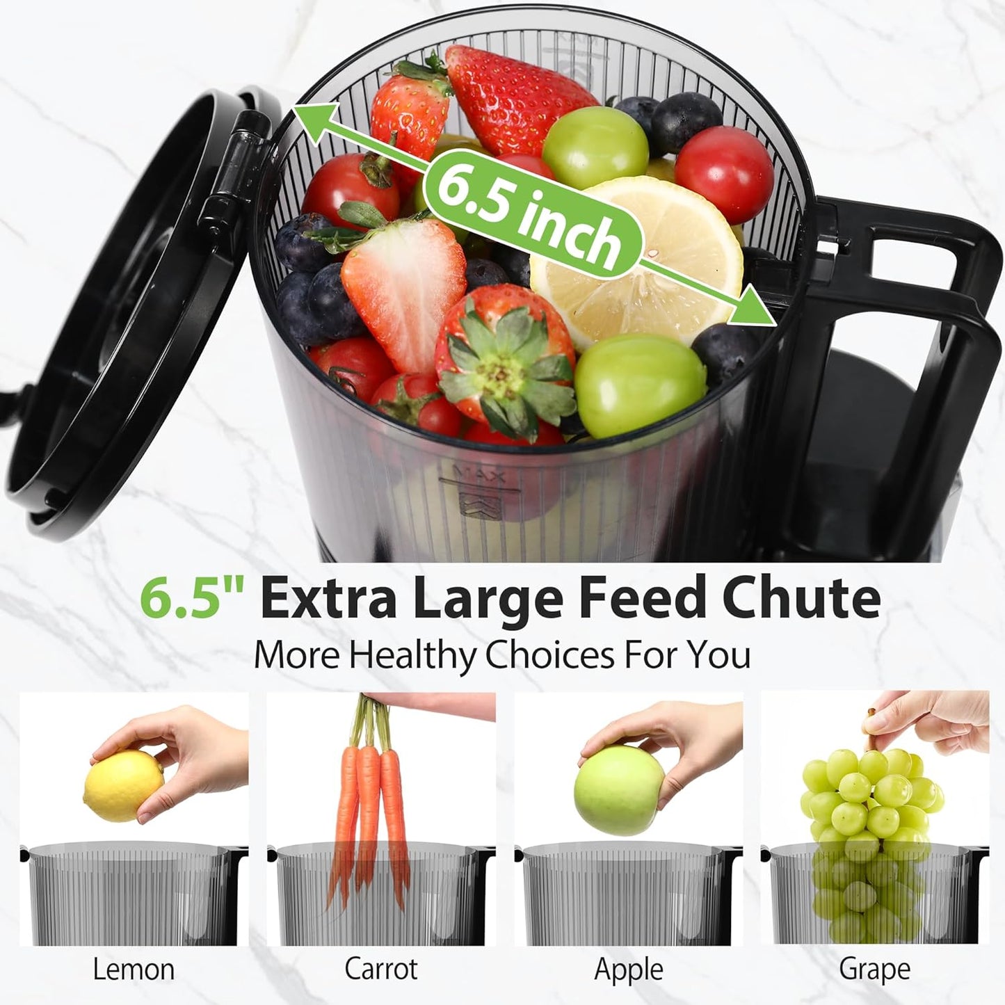 Cold Press Juicer, 6.5" Extra Large Feed Chute Juicer Machines, Hands-Free 350W Slow Masticating Juicer Machines with High Juice Yield for Whole Vegetables & Fruits, BPA Free, Silver