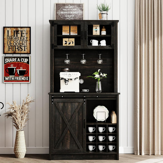 4ever2buy Farmhouse Coffee Bar Cabinet with Sliding Barn Door, 72" Hutch Coffee Bar with Storage, Large Kitchen Buffet Cabinet with Hutch, Tall Bar Cabinet Table for Living Dining Room, Oak
