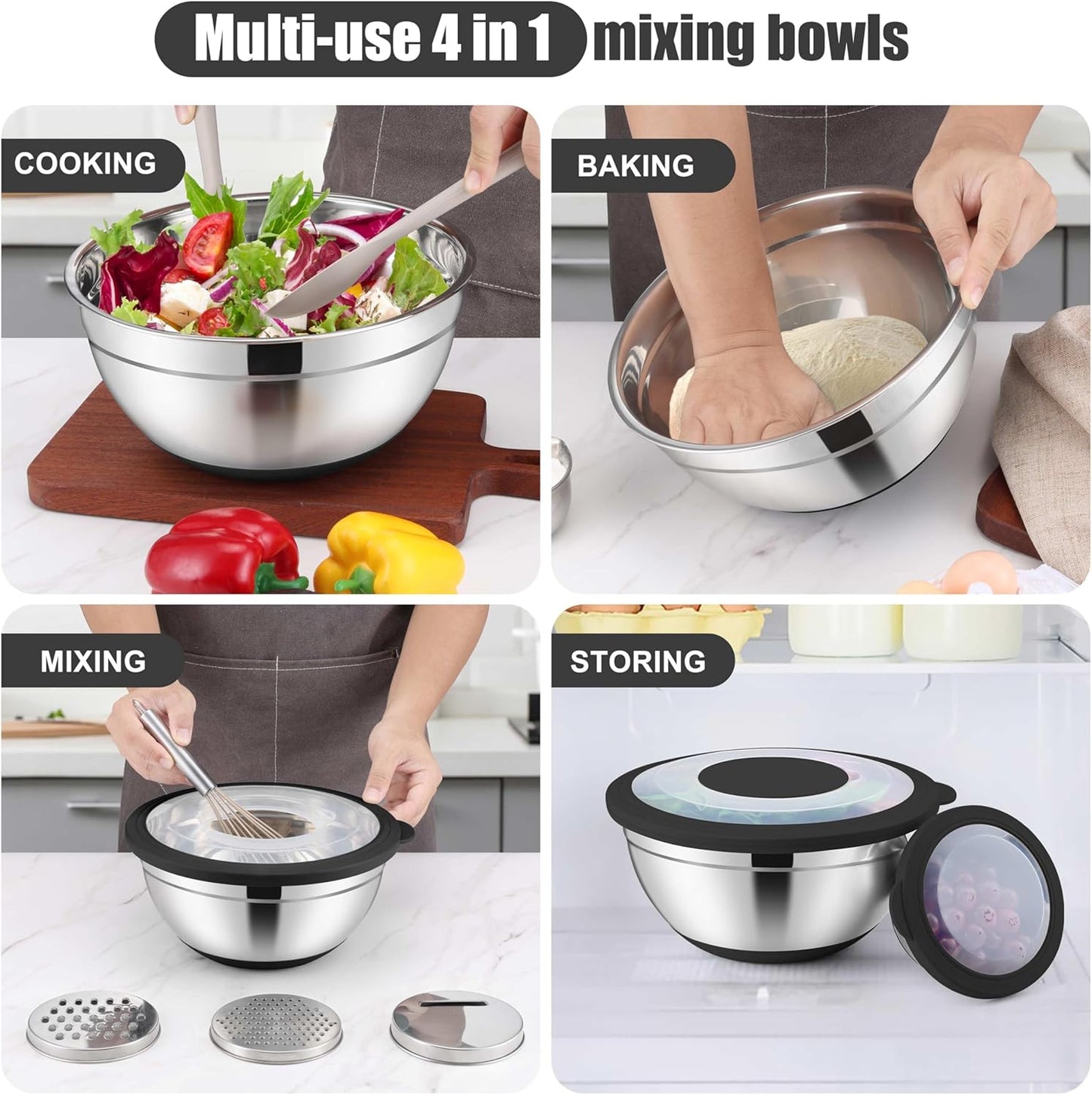 E-far Mixing Bowls with Lids Set, 15PCS Stainless Steel Mixing Nesting Bowl with Colander & 3 Metal Grater for Kitchen Prep/Baking/Storage, Non-Slip Bottom & Airtight Lid, 4.6, 3, 1.5, 1, 0.7QT, Black