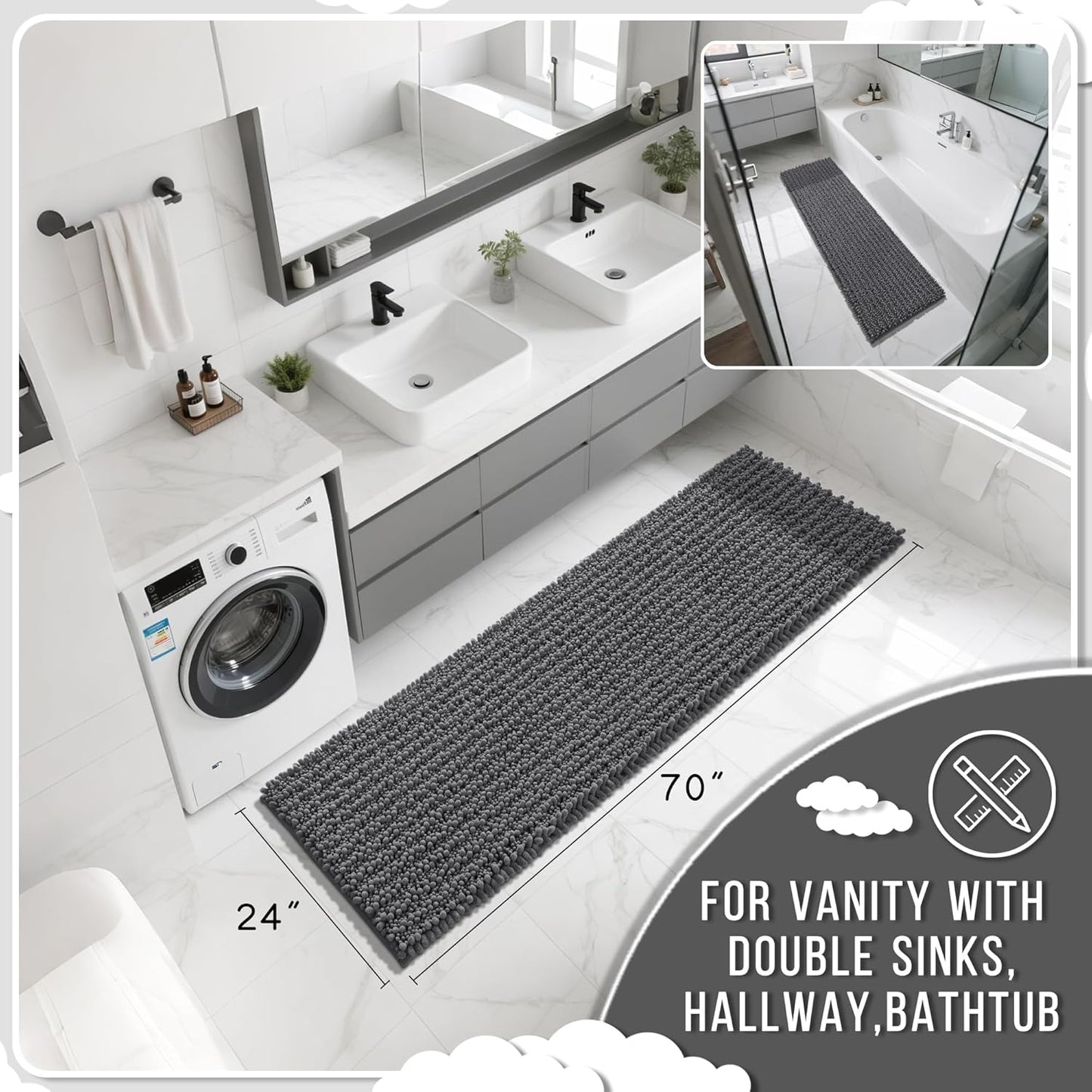 Yimobra Bathroom Runner Rug 70x24 Inch - Extra Long Non Slip Chenille Bath Mat, Soft & Absorbent, Machine Washable Shaggy Hallway Carpet for Vanity Tub Shower, Dark Gray Home Decor Accessories
