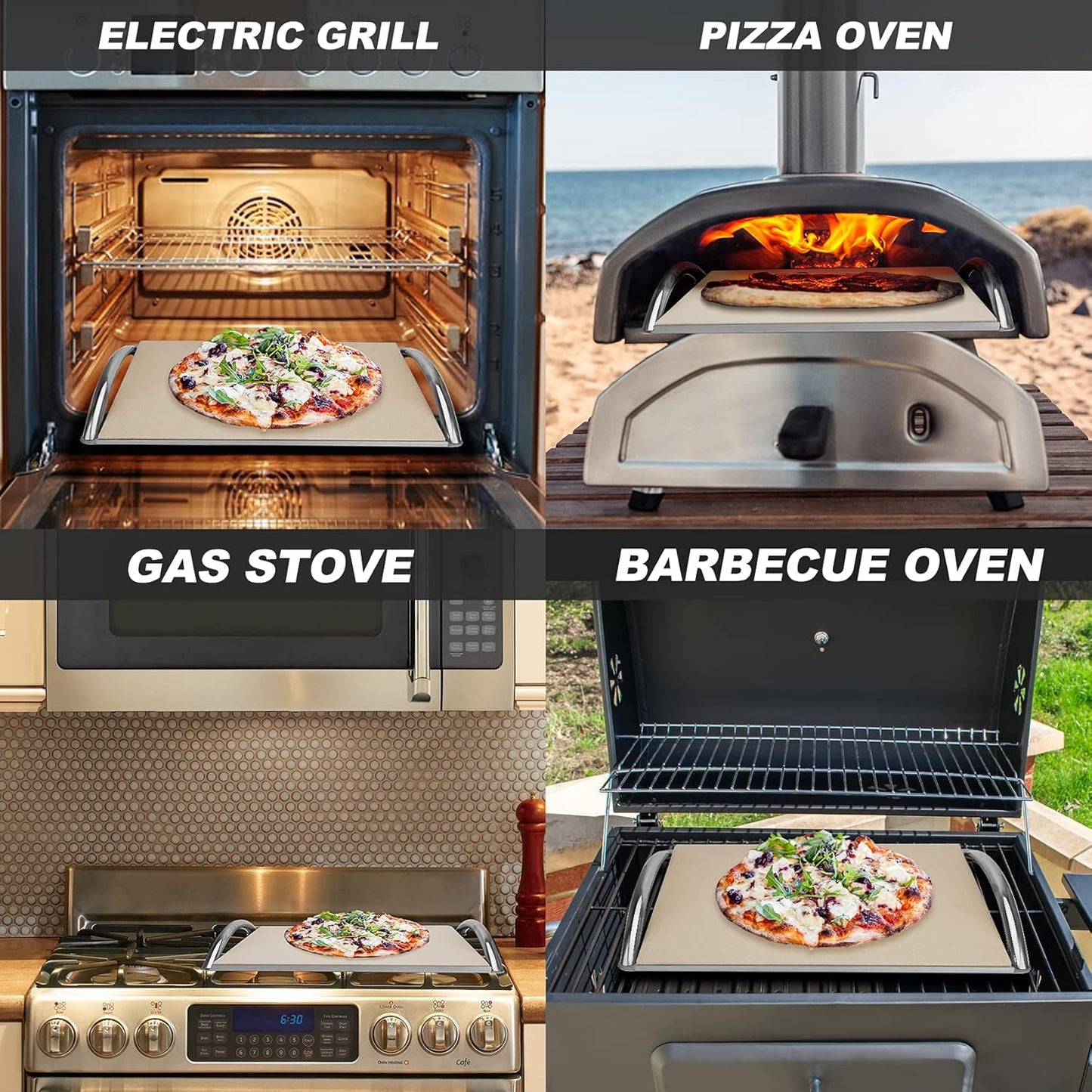 Skyflame 16” Rectangle Pizza Stone and Stainless Steel Rack with Handle, Heavy Duty Baking Stone Ideal for Most Charcoal/Gas Grills, Pizza Oven and Smoker