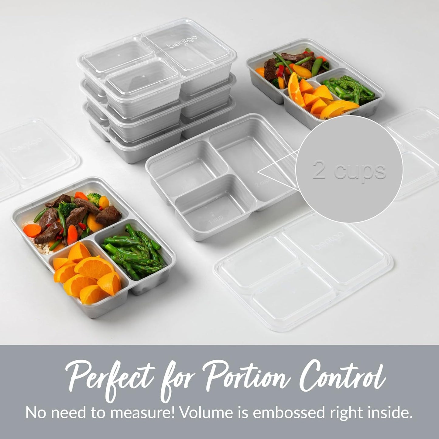 Bentgo Prep - 20-Piece 3-Compartment Reusable Meal Prep Containers with Lids, PFAS & BPA Free Materials, Durable, Microwave, Freezer, & Dishwasher Safe To Go Food Storage (Silver)