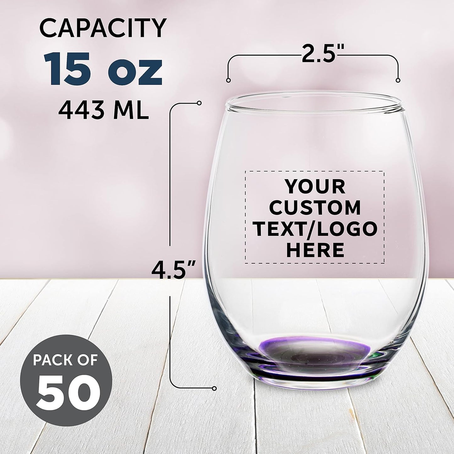 Custom Stemless Wine Glasses in Bulk by ARC Perfection, 15 oz, 50 pack, Personalized Text, Logo, Purple or White Wine Glass Set, Purple