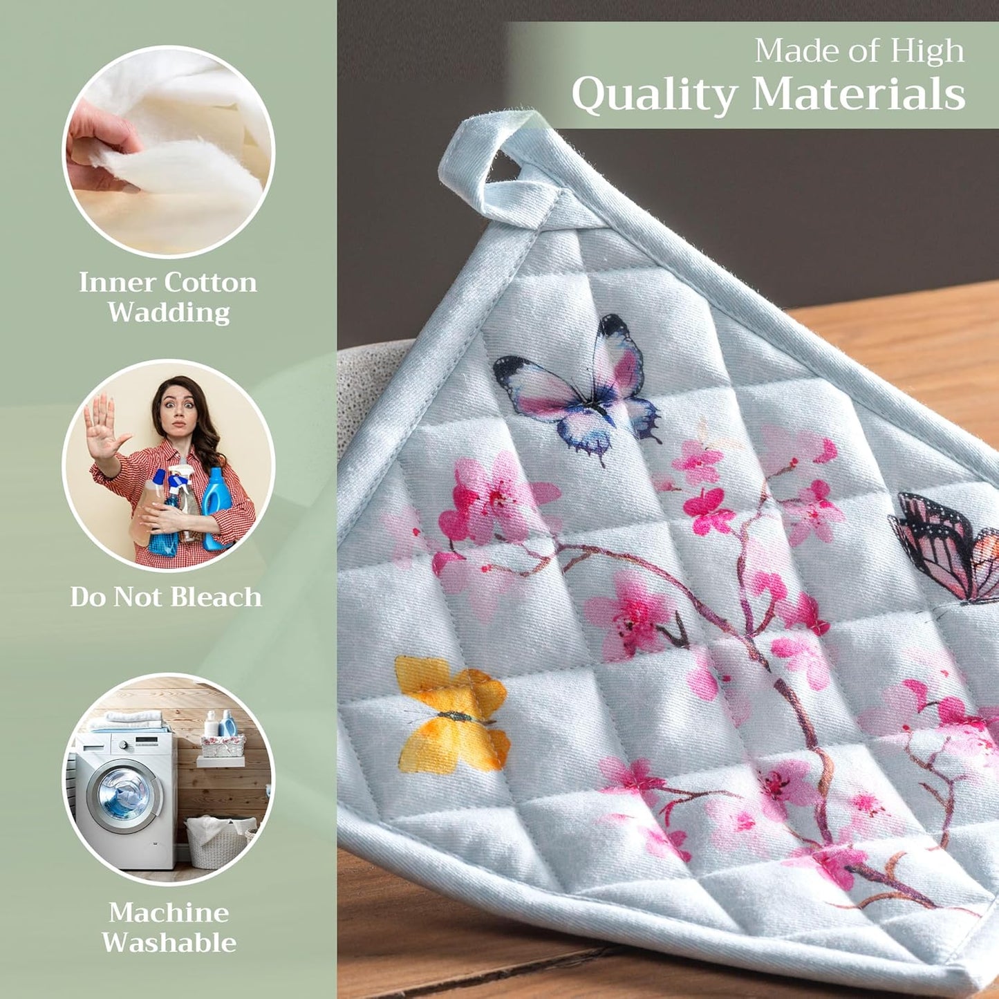 Maison d' Hermine Pot Holders Set 100% Cotton Heat Resistant Potholders 8" x 8" Hot Pads with Loop BBQ, Cooking, Grilling, Kitchen, Handling Hot Pans Spring/Summer (Pack of 2, Blossoms in Spring)