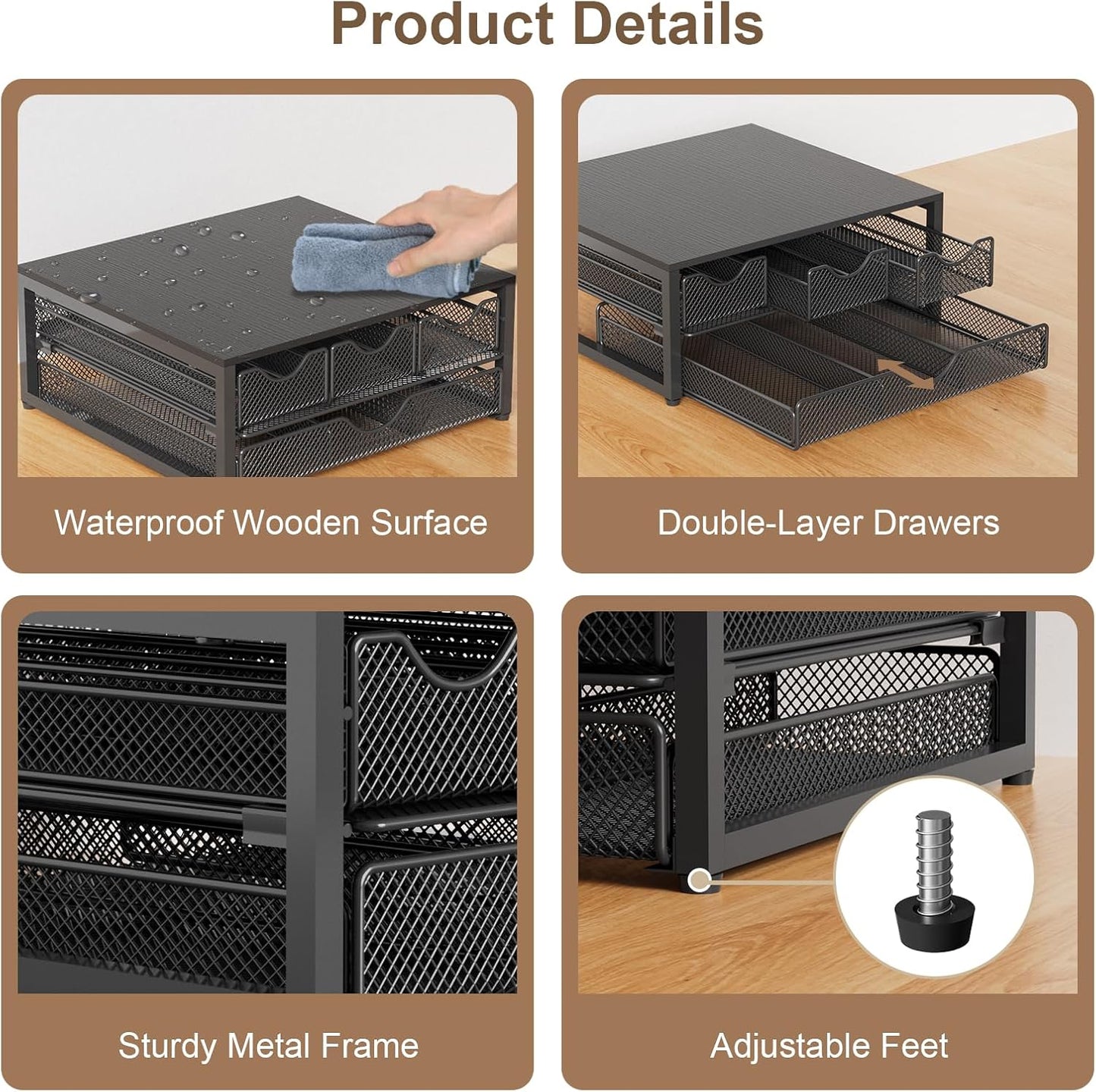 Coffee Pod Holder For Counter, 3 Pull-Out 72 K-Cup Holder Drawer, Wooden Cafe Pods Storage Organizer with Sliding Drawers for Coffee Station, Home, Kitchen, Office, Dorm, Black