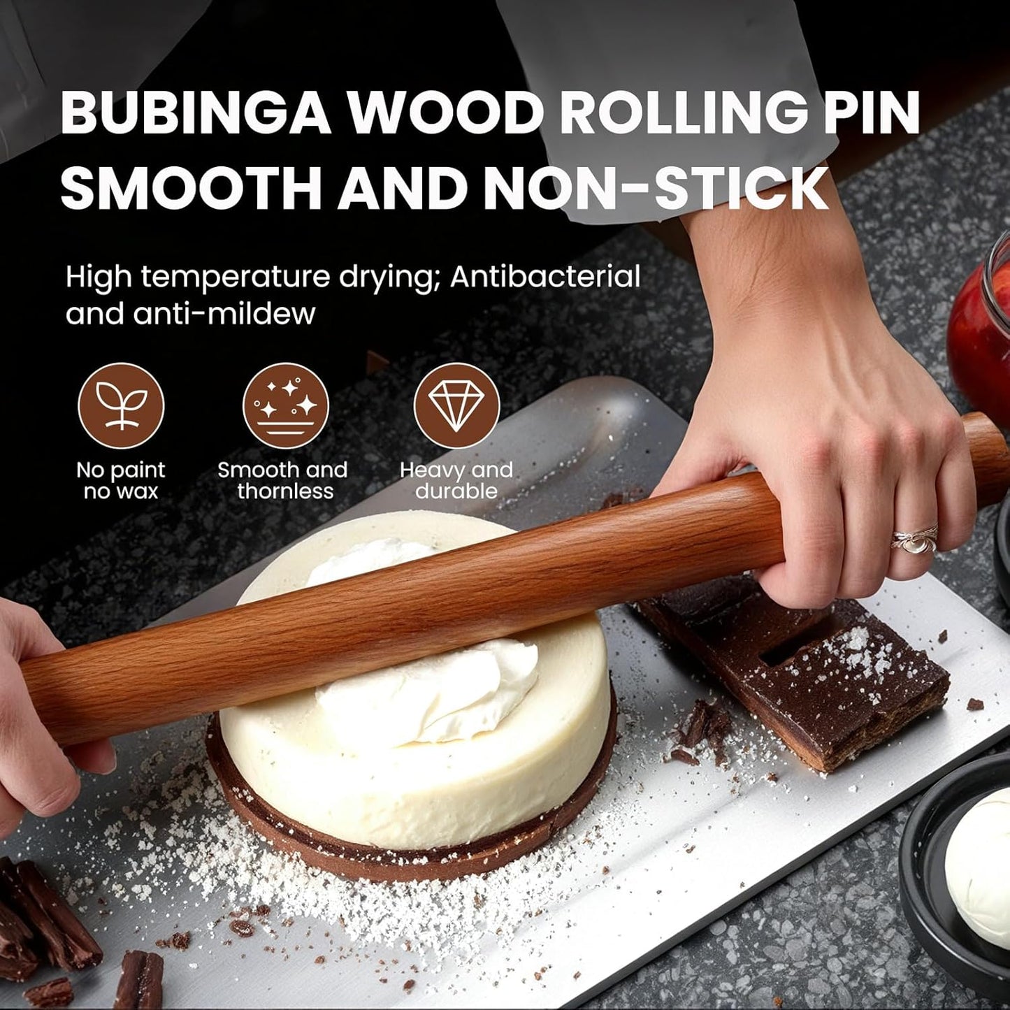 Natural Solid Bubinga Wood French Rolling Pin for Baking | Straight rod type | High-Density Professional Dough Roller (straight - 15.75‘L)