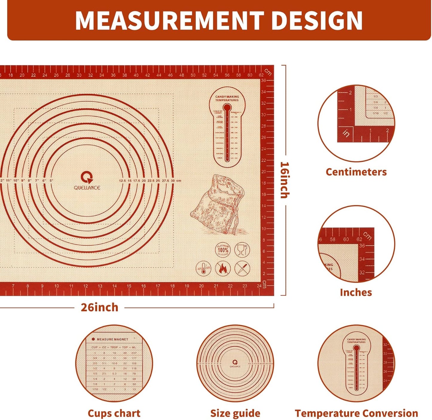 Silicone Baking Pastry Dough Mat - 26x16Inch Extra Large Cookie Bread Rolling Mats Sheet, Nonstick Kitchen Counter Kneading Board, Thick Reusable Pie Cookies Pizza Fondant Making Matt with Measurement