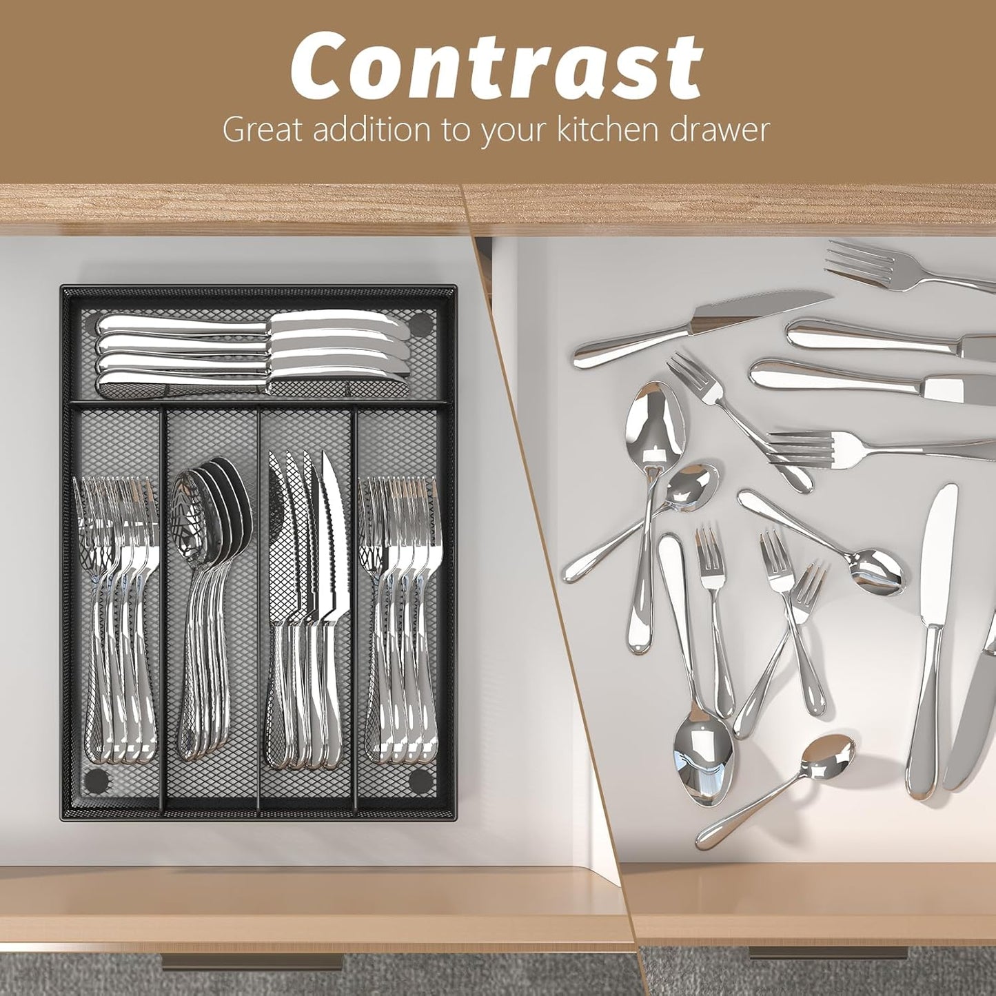 Silverware Organizer Metal Mesh, Small Drawer Organizer, Utensil Cutlery Tray for kitchen drawers, Flatware Organizer with 5 Compartment, Black(9.3"*12.6")