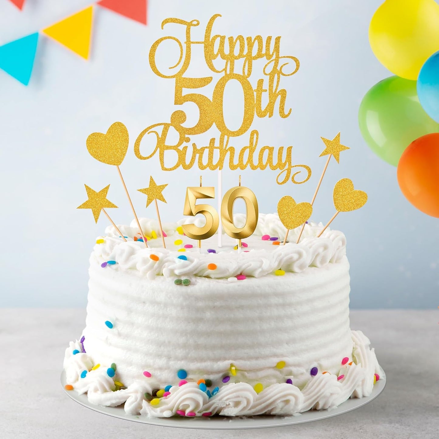 50th Birthday Cake Decorations, 50th Birthday Candles Cake Numeral Candles and Glitter Happy 50th Birthday Cake Toppers Set for Birthday Party Supplies (Gold)