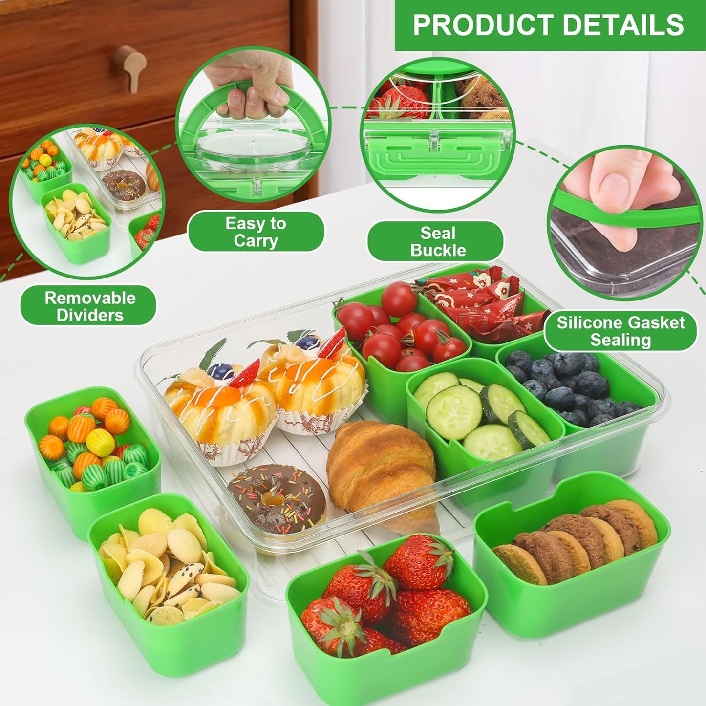 shopwithgreen Snackle Box Charcuterie Container, Divided Serving Tray with Lid and Handle for Party, Veggies, Fruit, Nuts, Food Tray Platter Snack Box Container for Entertaining, Picnic, Green