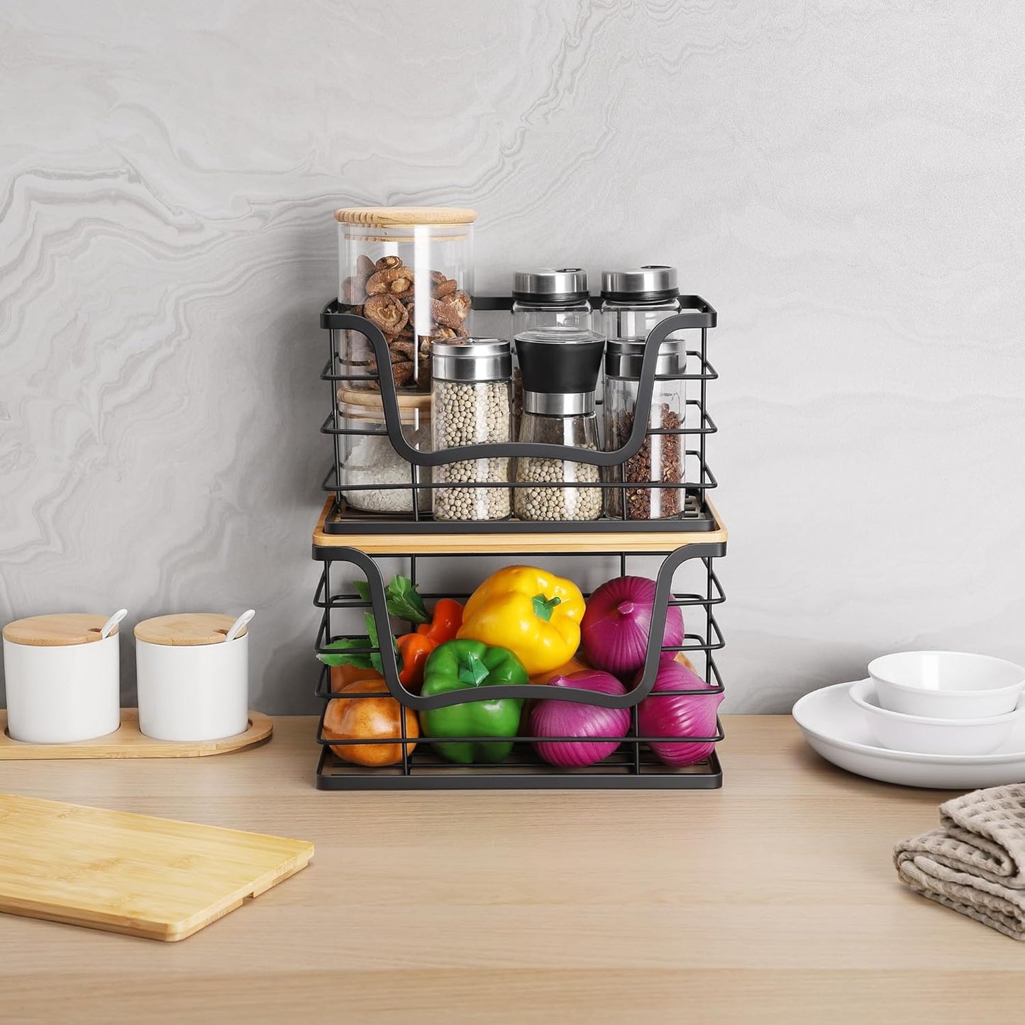 Trash Bag Dispenser Holder for Kitchen 2 Pack Laundry Room Trash Bag Holder Wall Mount Garbage Bag Dispenser Stackable Roll Holder with Bamboo Top for Countertop, Under Sink