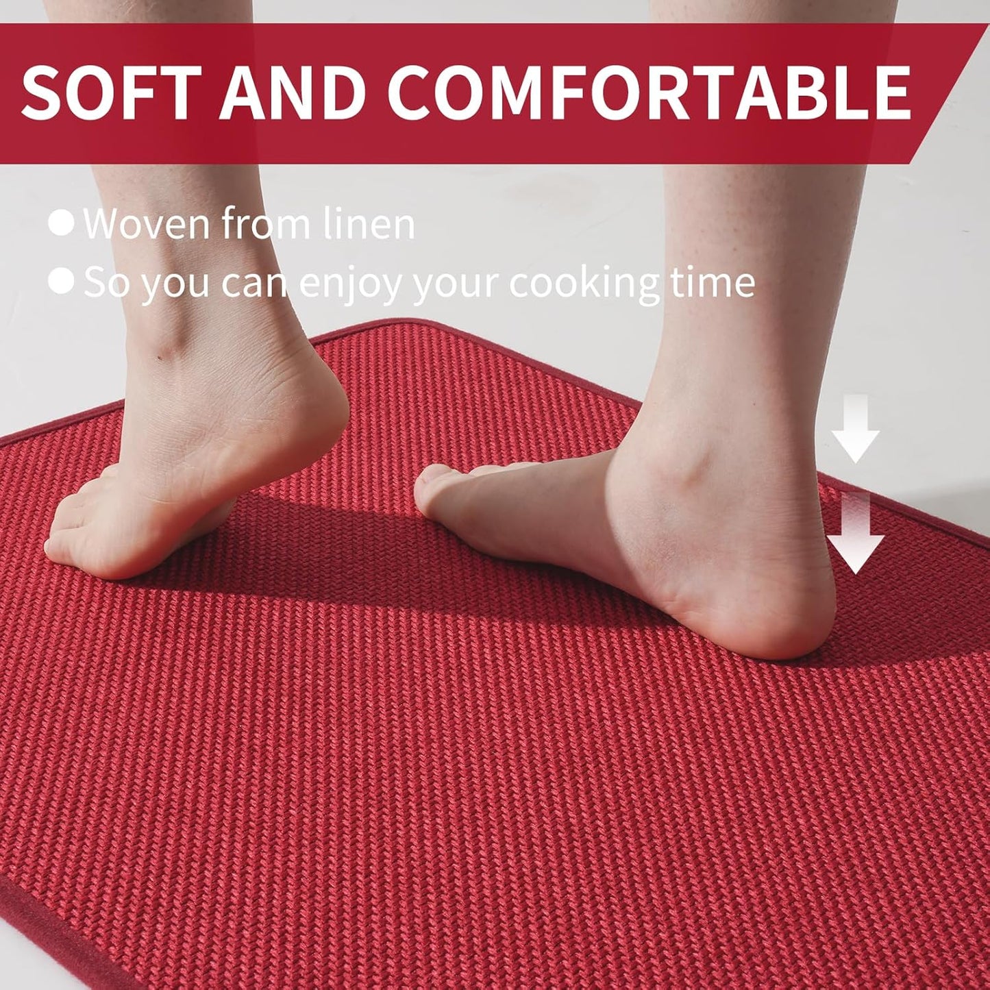 Kitchen Mats for Floor, Super Absorbent Kitchen Rugs Non Slip Washable, Soft Imitation Linen Braided Kitchen Runner Rug, Standing Mat Kitchens Sink Mat, Easy to Clean, Red 17x59