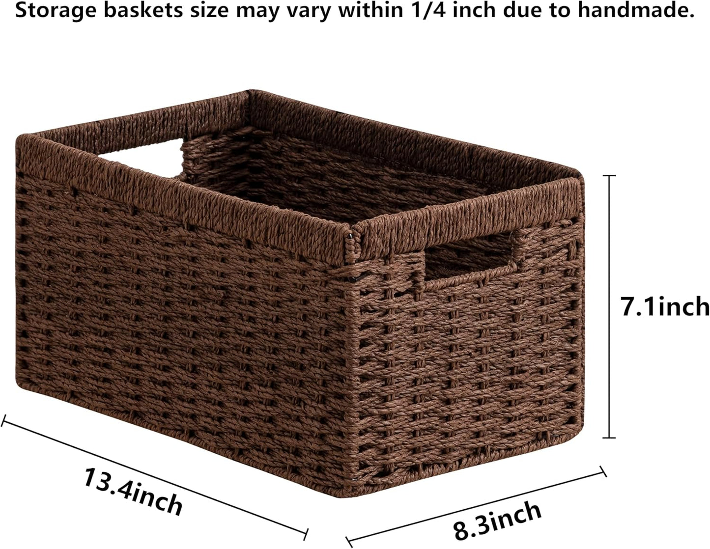 UBBCARE 3 Pack Wicker Basket, 13.4L×8.3H×7.1W inch Woven Paper Rope Storage Baskets for shelves, Foldable Rectangular Storage Baskets with Handle, Storage Basket for Organizing, Dark Brown