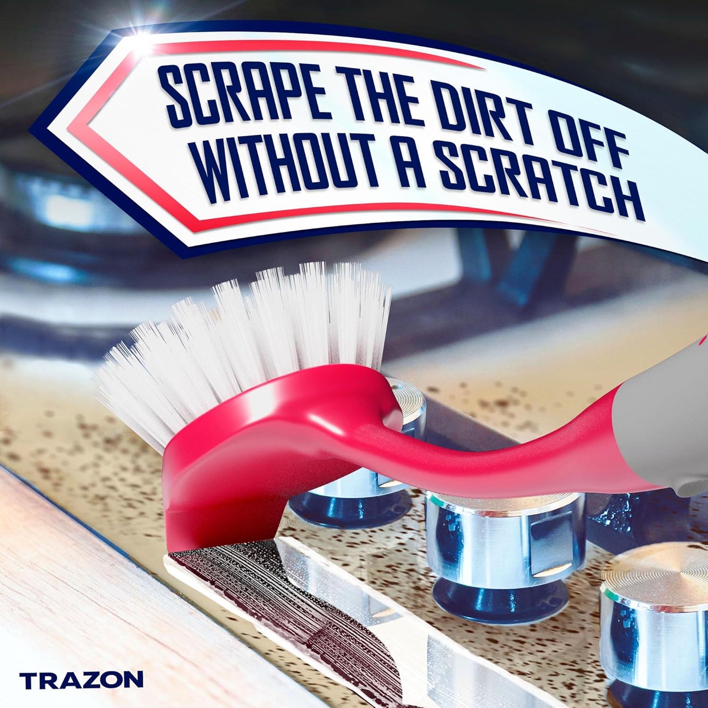 Dish Brush Set of 4 - Kitchen Scrub Brushes with Non-Slip Long Handle for Cleaning, Scrubber, Dishwashing, Dishes, Bottles, Straws, Cups, Pots & Sink, Red