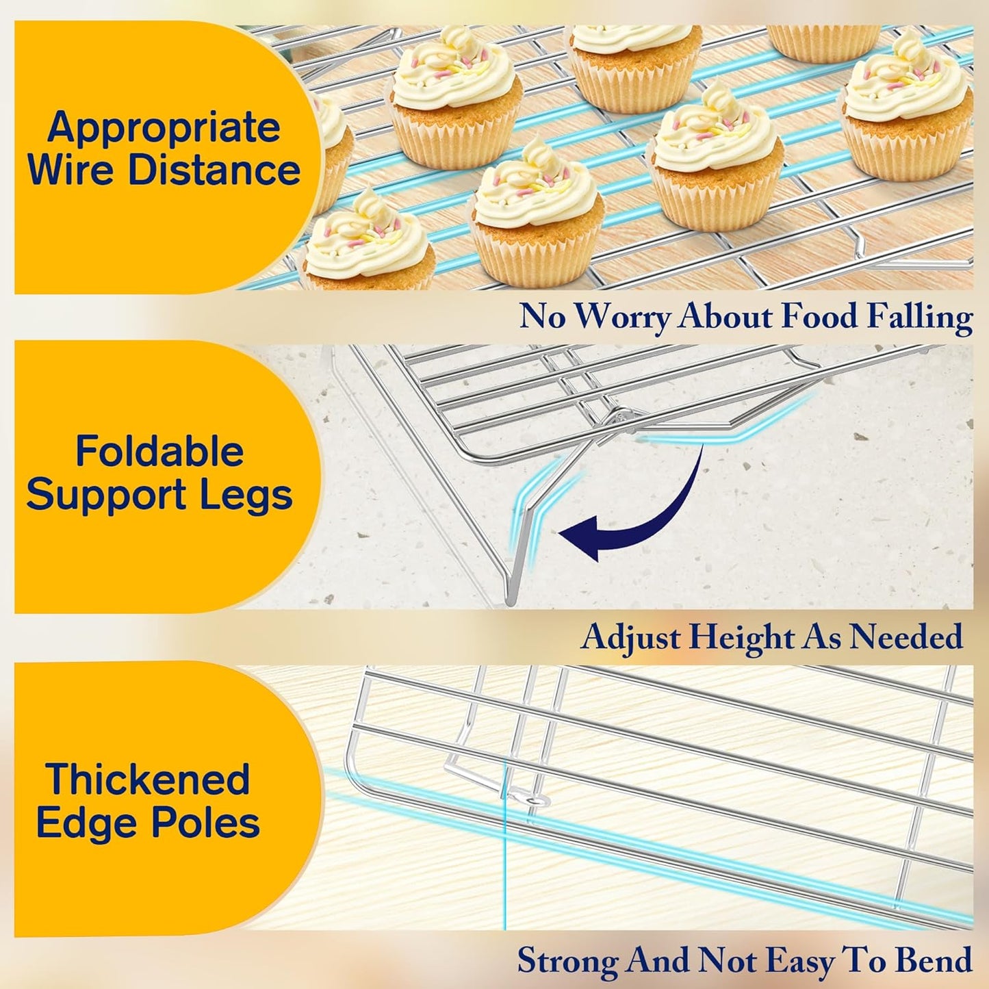 3 Tier Stackable Cooling Rack for Batch Cooling Cookie, Pizza, Cake-15.8”x 10”- Heavy Duty Cooling Racks for Cooking and Baking, Oven and Dishwasher Safe Baking Supplies-Silver