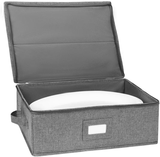 Platter Storage Case, China Storage Containers Hard Shell 17" x 13" x 6", 5 Felt Dividers Included, Structured Top and Stackable (Linen Grey)