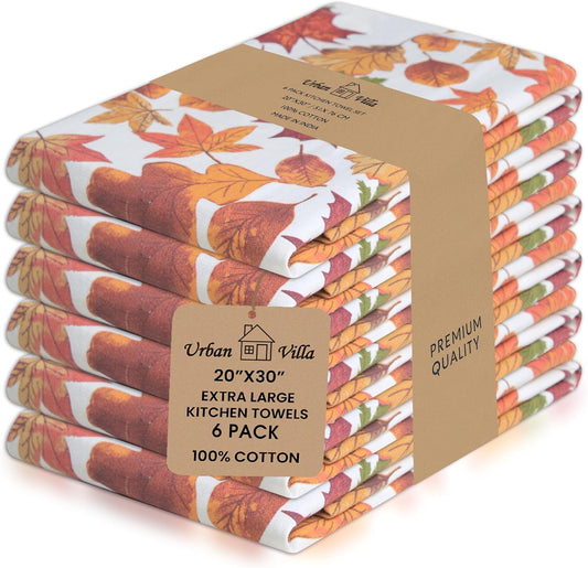 Urban Villa Fall Kitchen Towels Harvest Leaves Print Dish Towels Set of 6 20" X30” 100% Cotton Highly Absorbent Quick Drying Dish Cloths & Dish Towels Thanks Giving Tea Towels with Hanging Loop