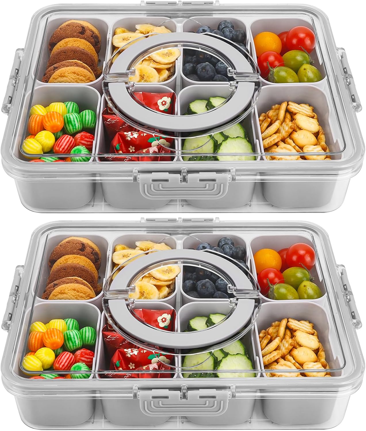 shopwithgreen 2Pcs Snackle Box Container, Divided Serving Tray with Lid and Handle, Snack Box Container Food Platter Charcuterie for Party, Veggies, Snack, Fruit, Nuts, Entertaining, Picnic,Gray