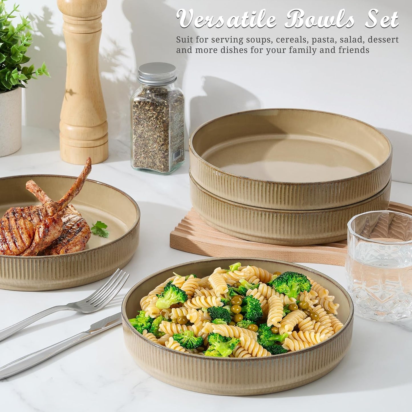 E-far Pasta Bowls Set of 4, 35oz Large Salad Bowl Plate for Dinner Serving, Wide & Shallow Ceramic Stoneware Pasta Plate, Microwave & Dishwasher Safe, Reactive Glaze Textured Stripe, Caramel Khaki