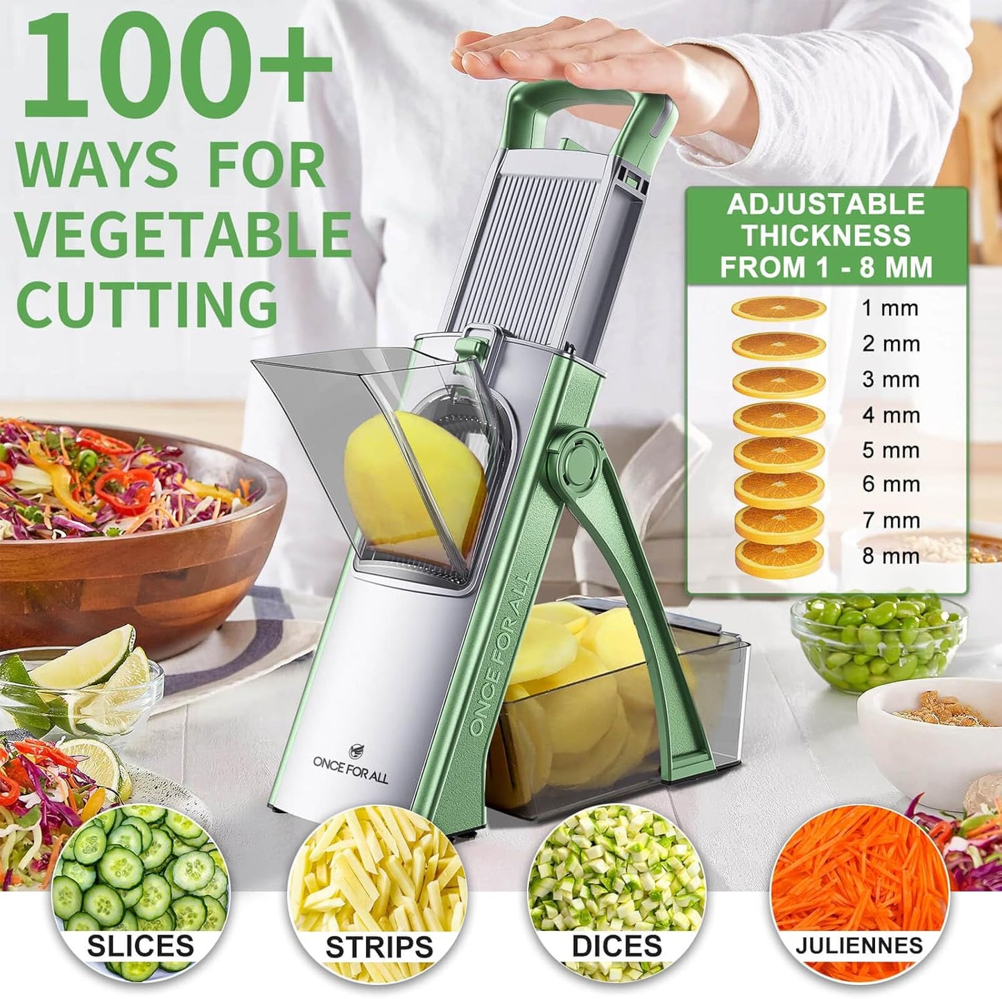ONCE FOR ALL Upgrade Safe Mandoline Slicer Plus, Adjustable Vegetable Food Chopper Potato Fries French Fry Cutter, Detachable Blade, Kitchen Chopping Artifact, New Kitchen Gift JS03 Green