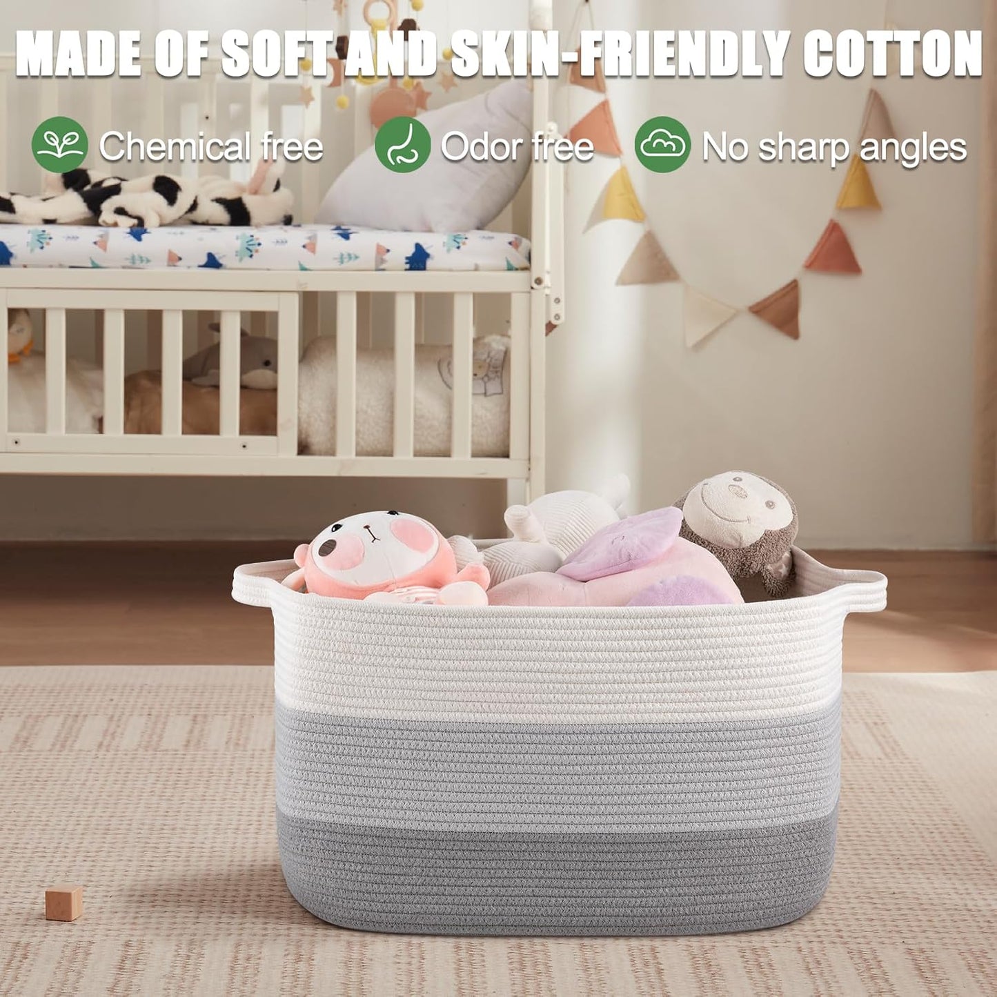 65L Large Storage Basket, Cotton Rope Woven Blanket Basket, Toy Storage for Baby Room, Living Room, Gradient Grey