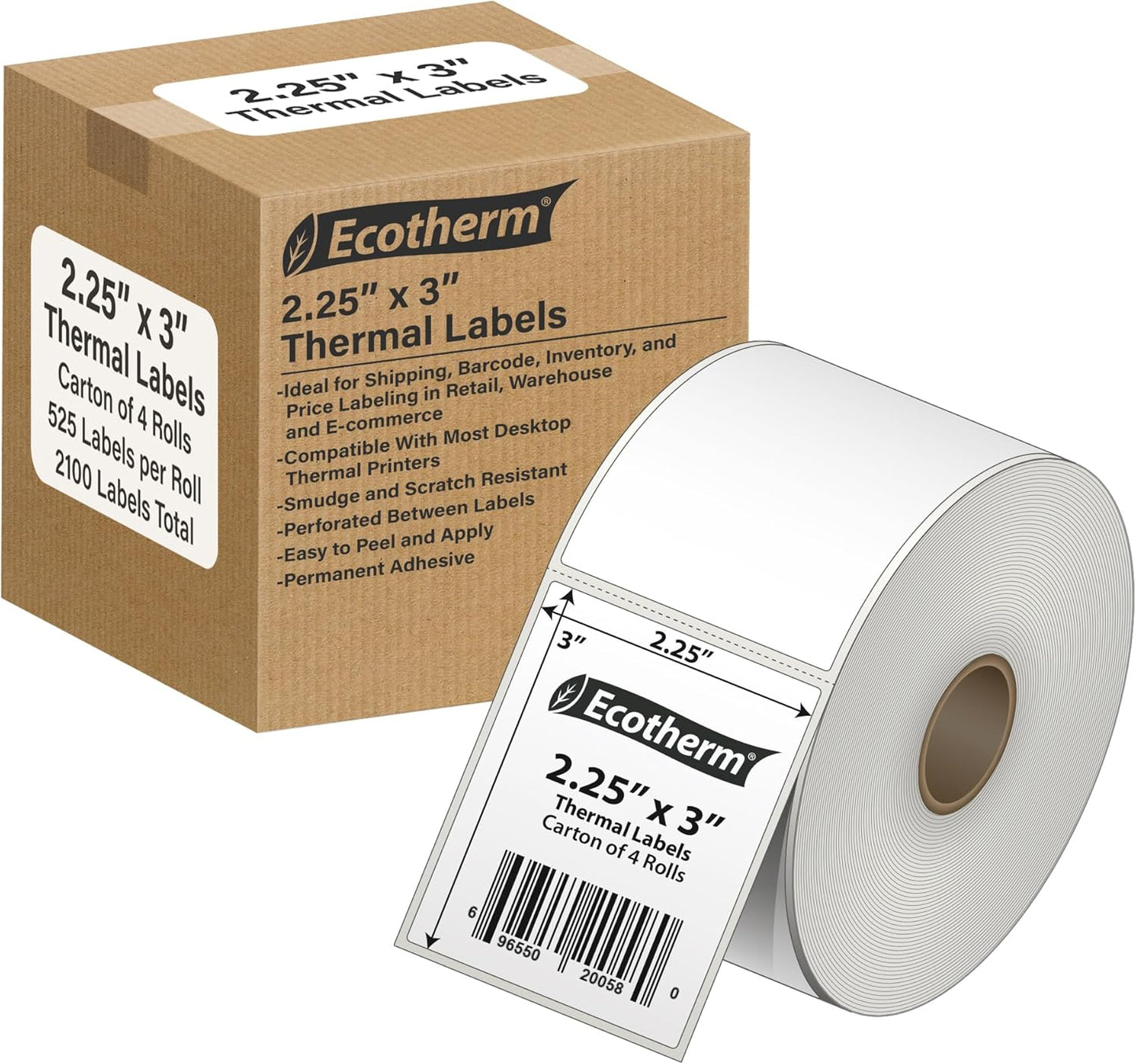 2.25" x 3" Thermal Labels | 4 Rolls | 2100 Labels | fits Zebra, Munbyn, Rollo, Godex, Arkscan, iDPRT, Offnova Thermal Label Printers and More | Blank White Adhesive Stickers by Ecotherm