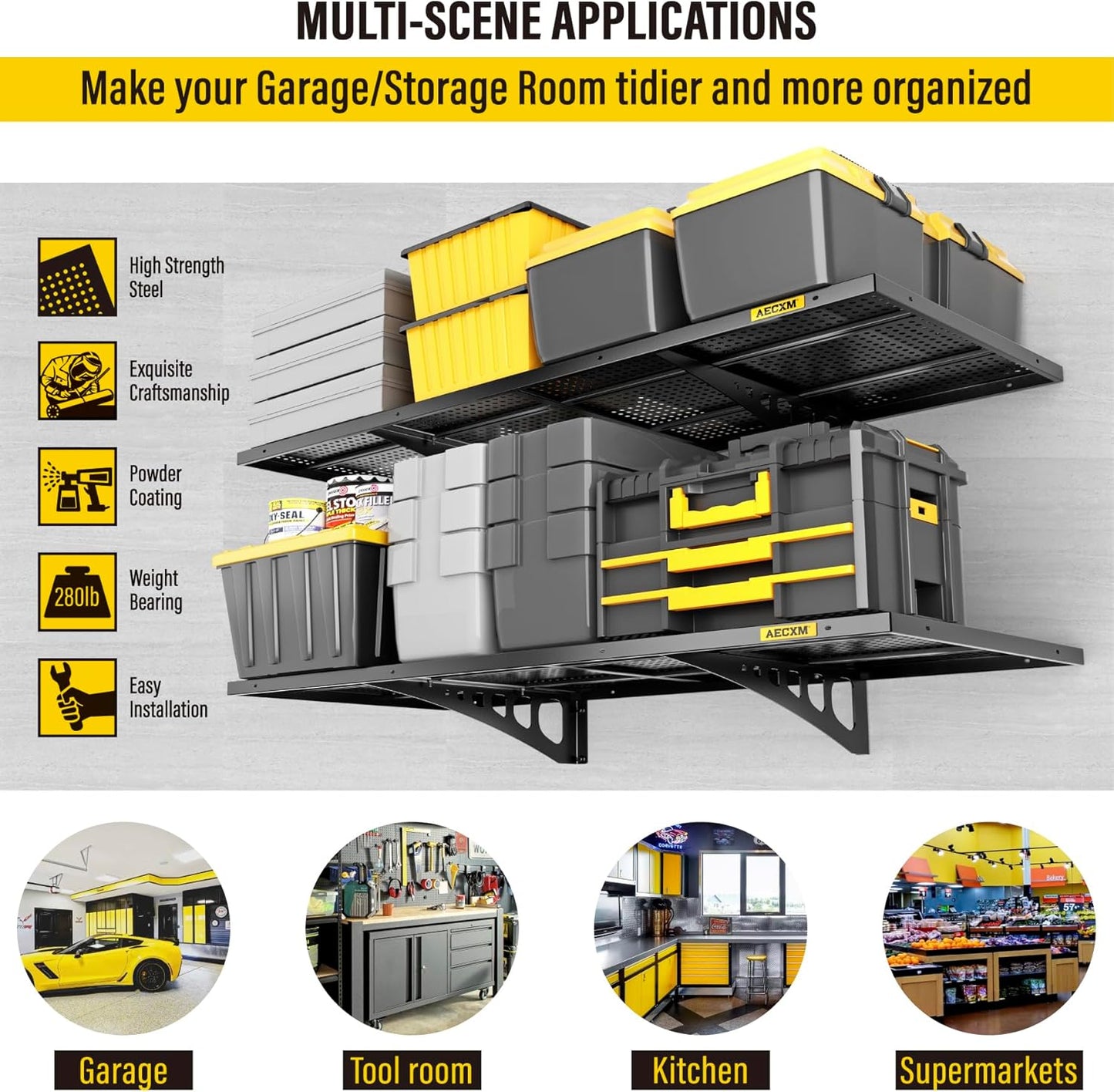 2-Pack 1.64x4ft Adjustable Garage Wall Shelving 560lbs Load Capacity Heavy Duty Wall Mounted Storage Shelf Metal Floating Shelves for Garage(Black)