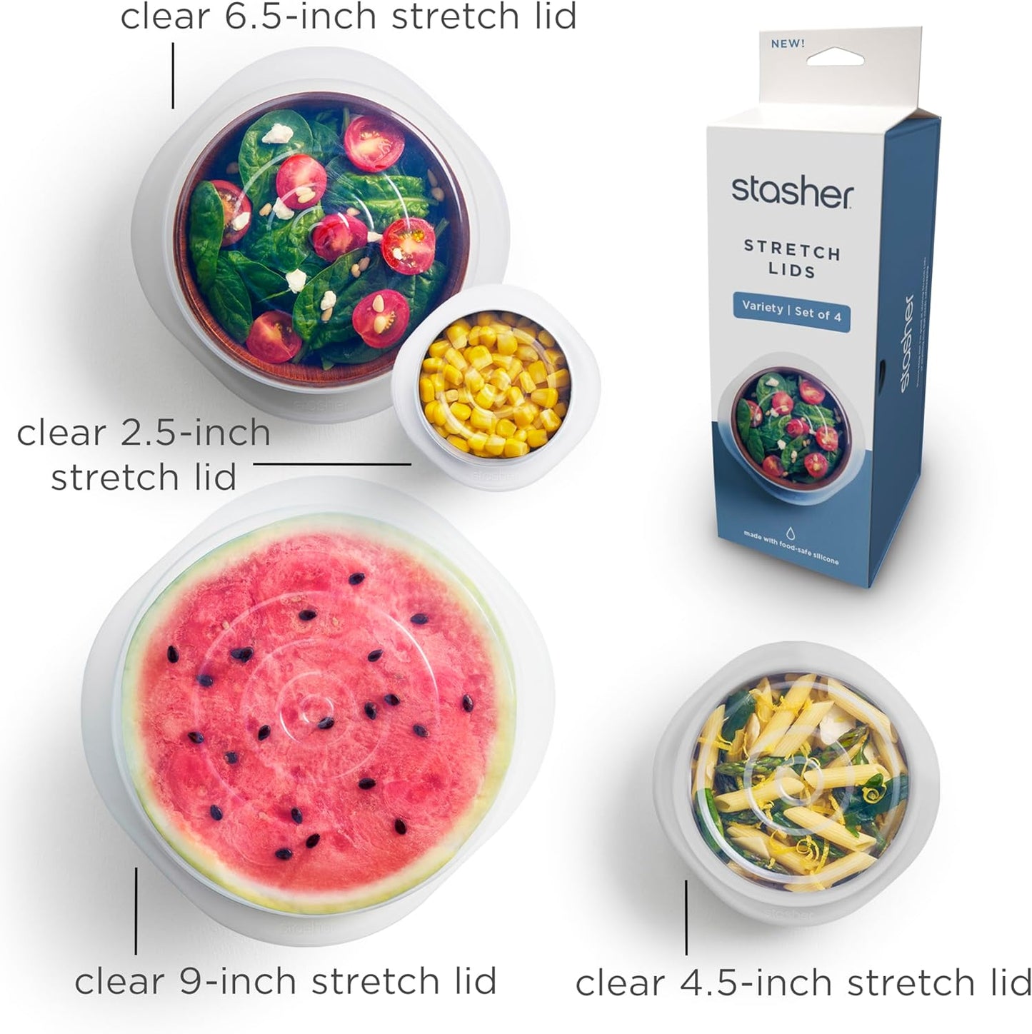 Stasher Premium Reusable Silicone Stretch Lids Variety 4-Pack, Clear, 9”, 6.5”, 4.5”, 2.5”, Airtight Seal, Food Container Covers, BPA Free, Leak-free, Dishwasher Safe, Microwave Safe, Eco-Friendly