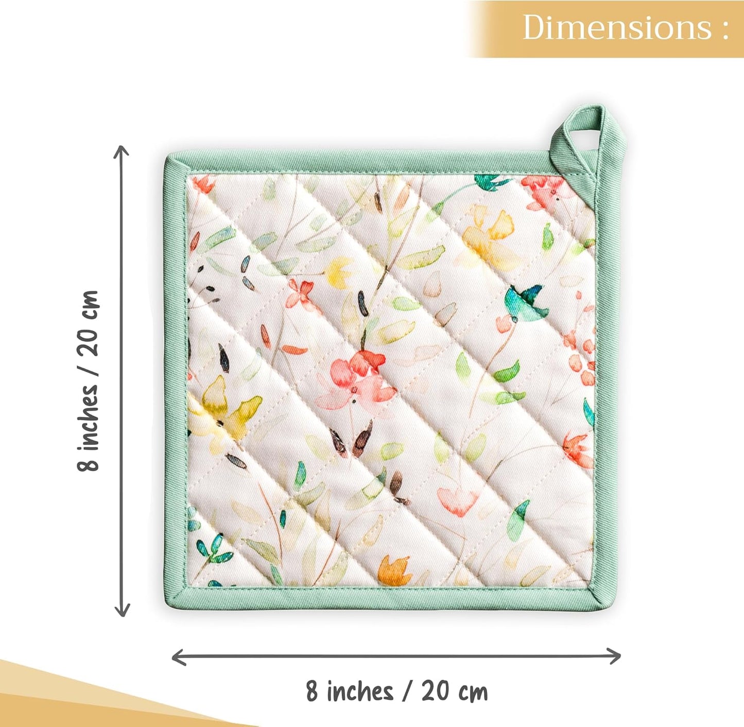 Maison d' Hermine Pot Holders Set 100% Cotton Heat Resistant Potholders 8" x 8" Hot Pads with Loop BBQ, Cooking, Baking, Grilling, Kitchen, Handling Hot Pans Spring/Summer (Pack of 2, Colmar)