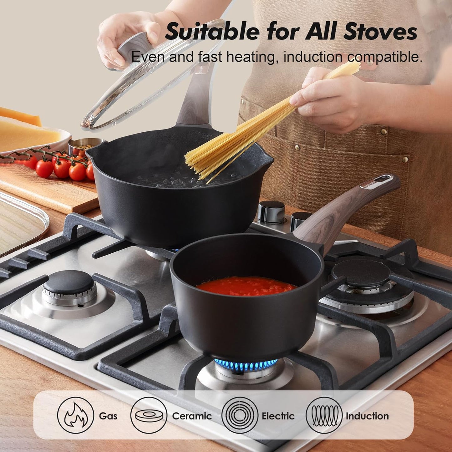 SENSARTE 2.0 & 3.0 Quart Sauce Pan Sets with Lid, Cooking Pots Set, Nonstick Saucepan Set with Pour Spout, Small Kitchen Pot, Non toxic Saucepot, Induction Comptable, Easy to Clean, PFOA Free