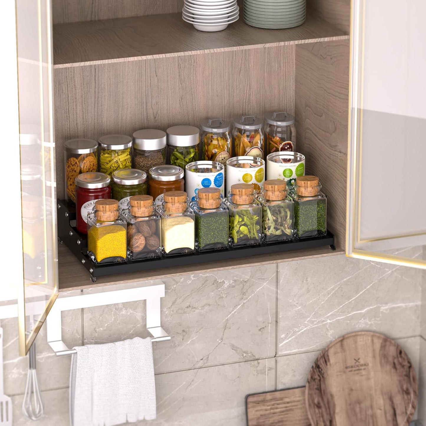 Premium Spice Rack Organizer for Countertops - 3-tier space-saving kitchen organizer for spice jars, oil bottles and utensils 1 Pack Black (modern rust-resistant design)