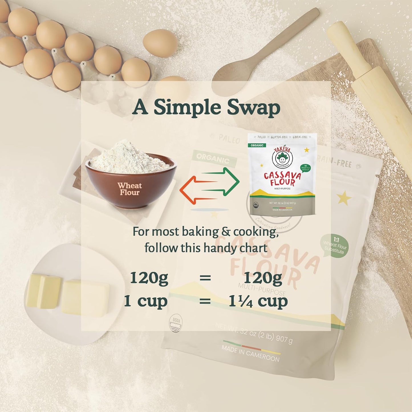 YAKÉVA Organic Cassava Flour - Gluten-Free Flour, Grain-Free, Nut-Free, Wheat Substitute, Paleo, Non-GMO, 100% Yuca Root, No Additives & Preservatives