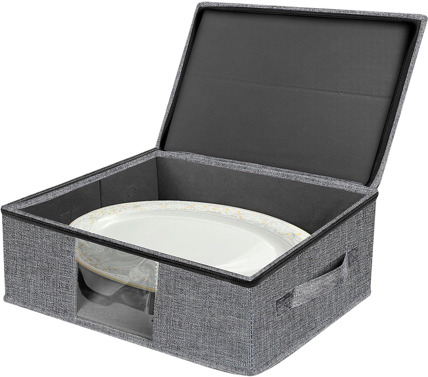 Platter Storage Case - Plate Storage Containers with PVC Windows,16.5“x12.6x5.5'', Stackable China Storage Containers Hard Shell,4 Felt Dividers Included for Dish,Plate, Dinnerware and Transport(Gray)