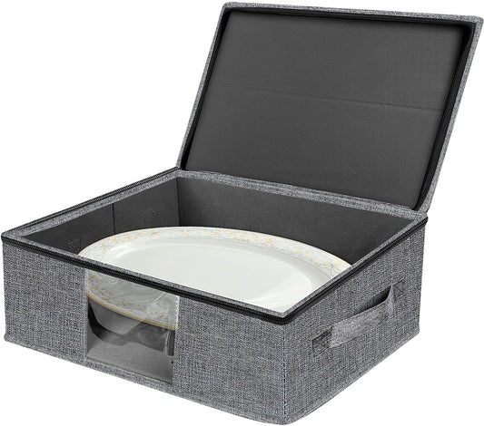 Platter Storage Case - Plate Storage Containers with PVC Windows,16.5“x12.6x5.5'', Stackable China Storage Containers Hard Shell,4 Felt Dividers Included for Dish,Plate, Dinnerware and Transport(Gray)