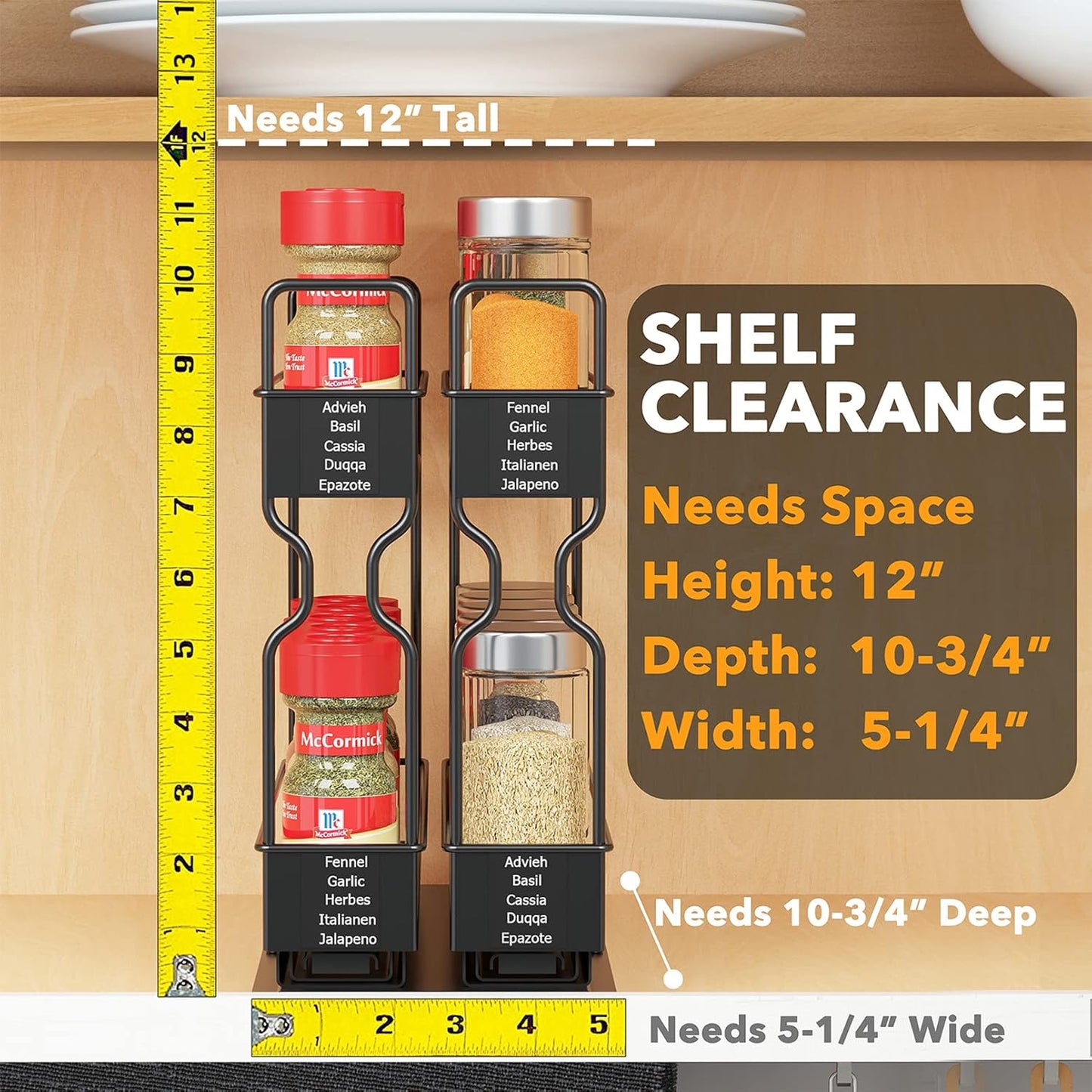 SpaceAid Pull Out Spice Rack Organizer for Cabinet, Heavy Duty Slide Out Seasoning Kitchen Organizer, Cabinet Organizer, with Labels, 5.2" W x10.75 D x10 H, 2 Drawers 2-Tier