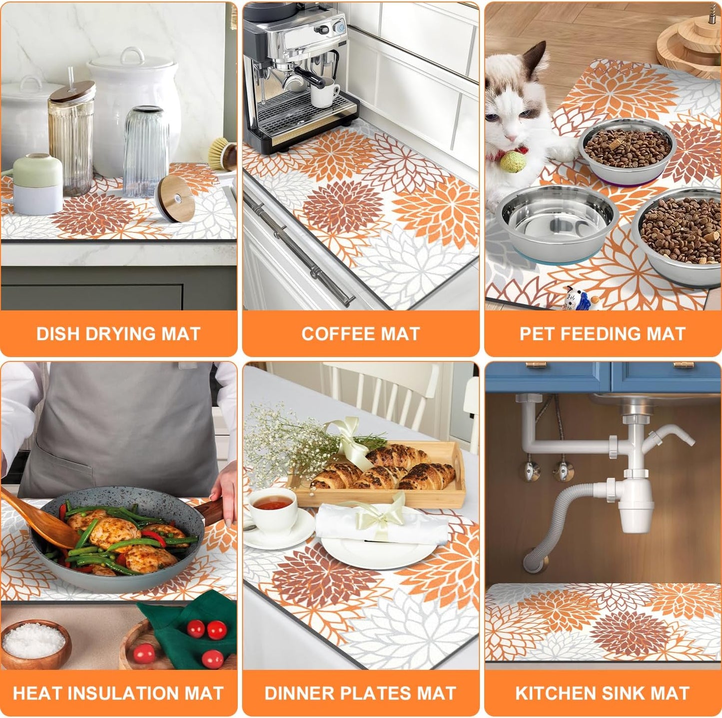 Findosom 2PCS 16" x 24" Dish Drying Mat & 24" x 5.5" Sink Splash Guard, Super Absorbent & Cuttable Dish Mat Drying Kitchen Mat with Orange Floral, Hide Stain Drying Mat for Kitchen Counter