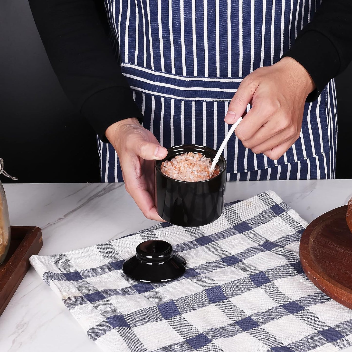 HAOTOP 8 oz Sugar Bowl with Lid and Spoon,Ceramic Sugar Jar Sugar Dispenser Sugar Container Coffee Bar Accessories, Kitchen Countertop Canisters (Black)