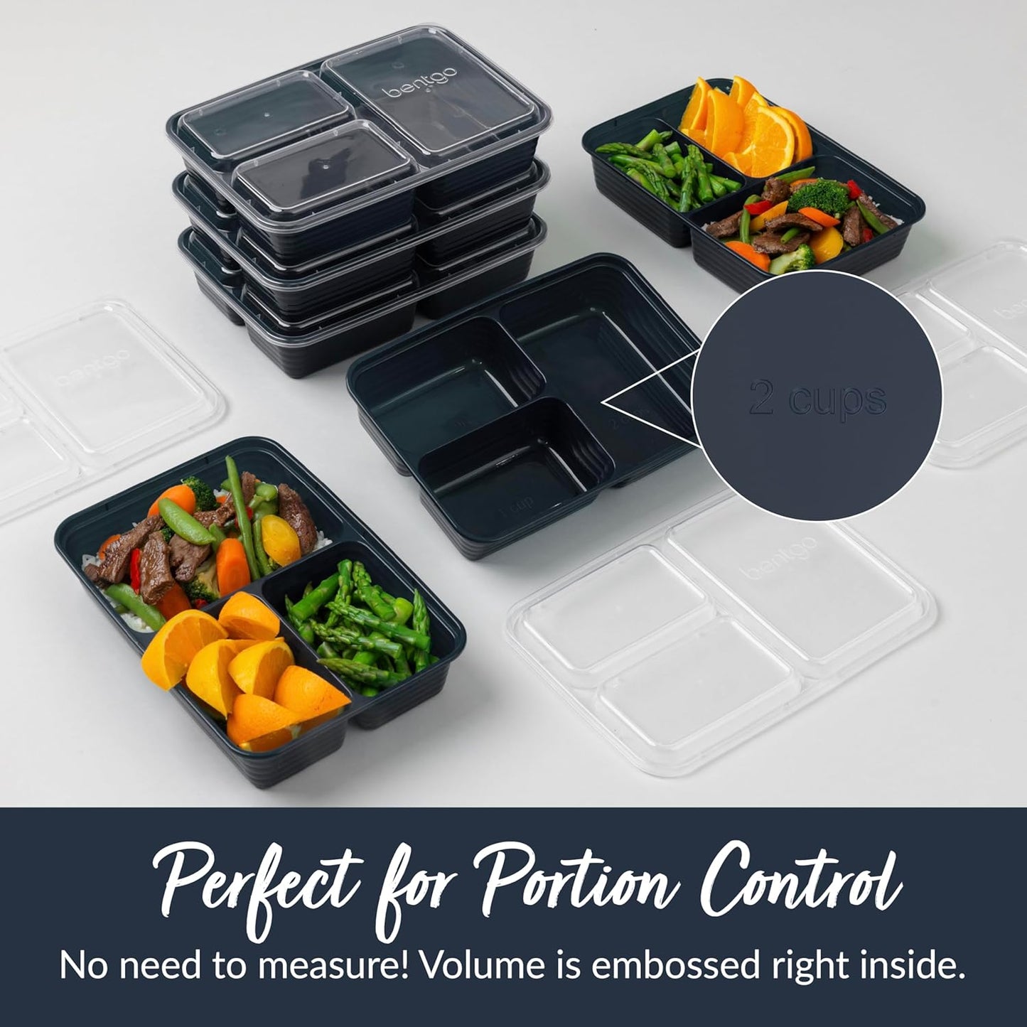 Bentgo Prep - 20-Piece 3-Compartment Reusable Meal Prep Containers with Lids, PFAS & BPA Free Materials, Durable, Microwave, Freezer, & Dishwasher Safe To Go Food Storage (Navy Blue)