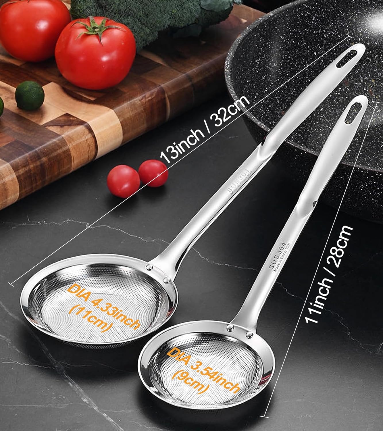 Filter Scoop Stainless Steel Fat Skimmer Spoon, Professional Skimmer Spoon Grease Filter Ladle, Oil Separator for Frying and Gravy, Commercial Kitchen Strainer (3.5 Inch & 4.3 Inch)