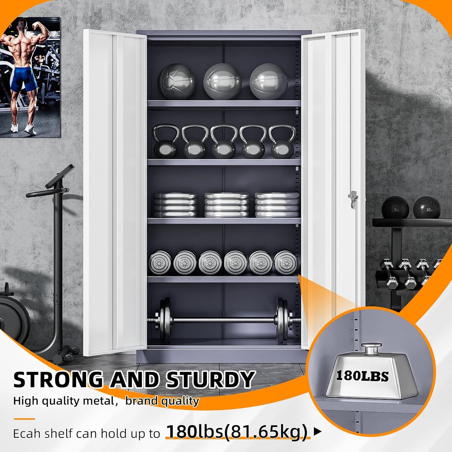 INTERGREAT Metal Garage Storage Cabinet, Black Lockable File Cabinet with 2 Doors and 4 Adjustable Shelves, Tall Steel Tool Cabinets for Office, Home, Garage, School, Gym