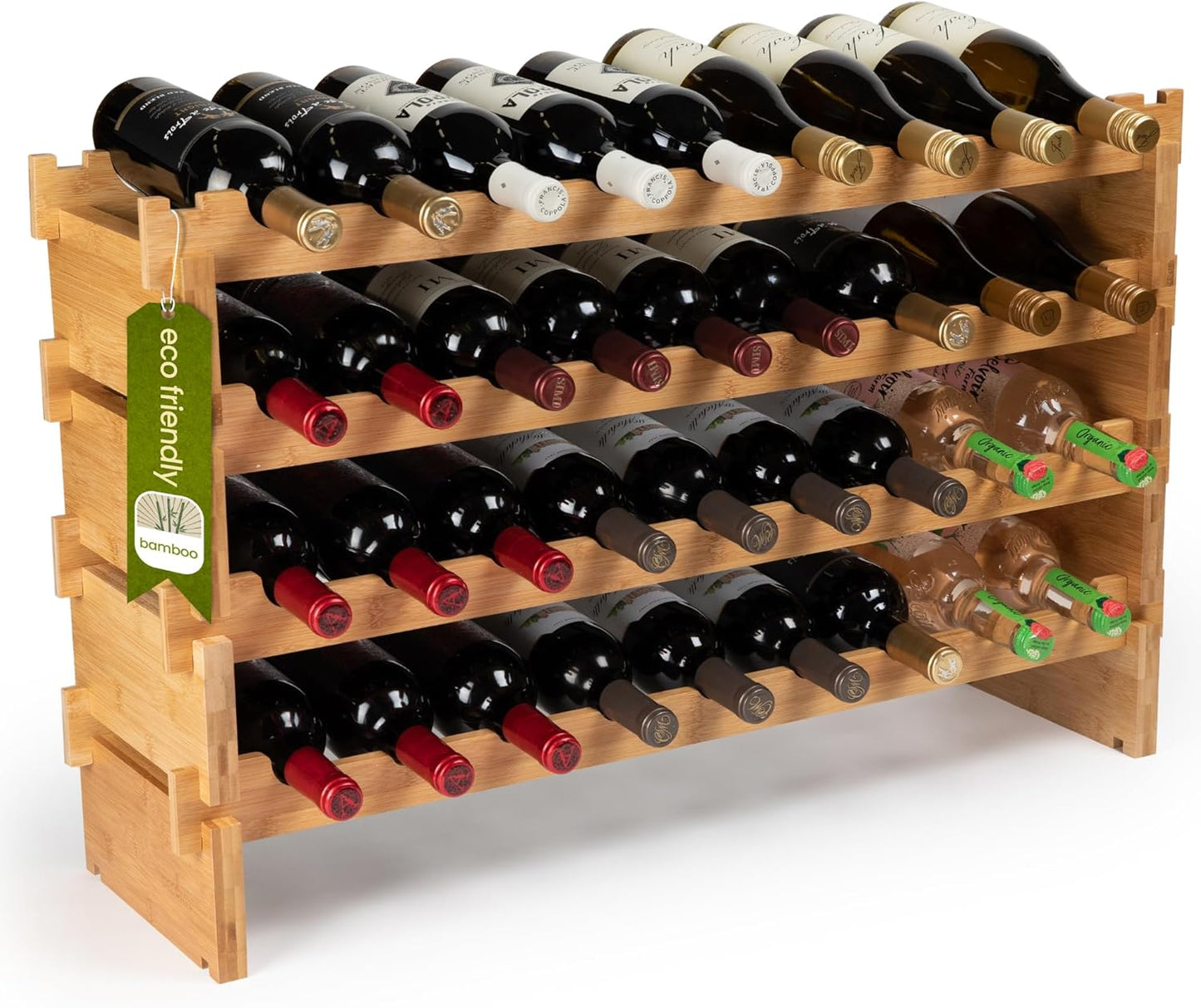 DECOMIL - 36 Bottle Large Wine Rack, Stackable & Modular Wine Storage Rack, Solid Bamboo Wine Holder Display Shelves, Wobble-Free (Four-Tier, 36 Bottle Capacity)