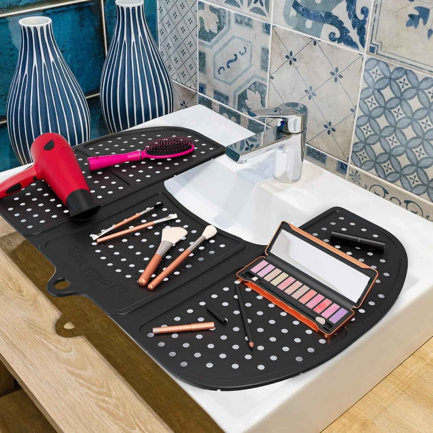 Sink Topper Bathroom Counter Cover & Storage Saver, Foldable Silicone Mat for Hot Tools, Hair Styling & Makeup, Beauty Brush Cleaning Mat, RV Camper Sink Cover & for Small Spaces (Standard Black)