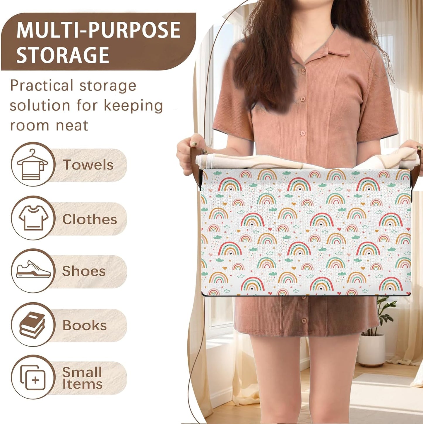 Rainbow Colors Storage Basket Large 17x11.5x10.5 Inche-Collapsible Fabric Organizer Bin with Handles for Kids Room, Nursery, Playroom-Foldable Decorative Hamper with Multicolor Arc Design-Single Pack